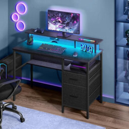Gaming Desk With Led Lights And Built-In Power Outlets, Computer Desk With Monitor Shelf, Corner Desk, Ebony Black