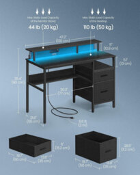 Gaming Desk With Led Lights And Built-In Power Outlets, Computer Desk With Monitor Shelf, Corner Desk, Ebony Black - thumbnail 2