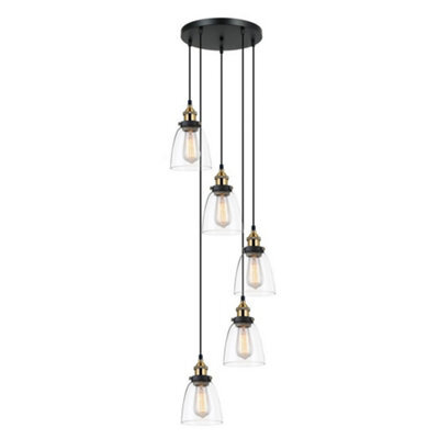 Luminosa Lighting Luminosa Industrial And Retro Hanging Pendant Black, Gold 5 Light  With Clear Shade, E27 Dimmable