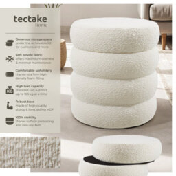 Tectake Stool Altu - Padded Seat, Large Storage Space - Bouclé Cream-White, 1 - thumbnail 2