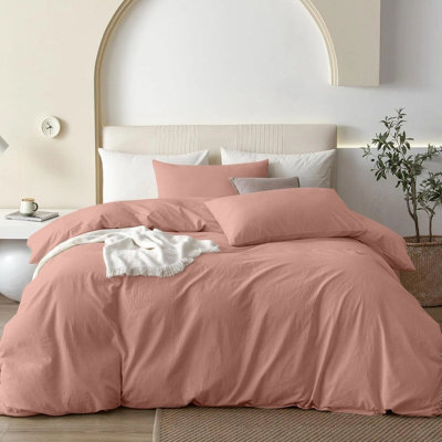 Oxford Homeware Peach Double Plain Dyed Duvet Cover, Fitted Sheet & Pillowcases Set 4 Piece Bed Sets - image 1
