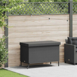 Garden Storage Box With Wheels Black 110X55X73 Cm Poly Rattan - thumbnail 2