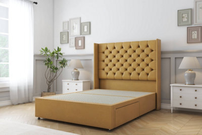 "Sloomy Dior Mustard Plush Divan Bed Base No Drawers With 54"" Wingback Headboard 5' King" - image 1