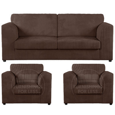 Furnishings For Less UK Luxor Jumbo Cord 3 + 1 + 1 Fabric 3 Piece Sofa Suite - Fullback Chocolate - image 1