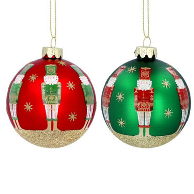 Gisela Graham Christmas Set Of 2 Nutcracker Glass Baubles 8 X 8 Cm, Red And Green, Gloss Finish, Indoor Tree Decorations