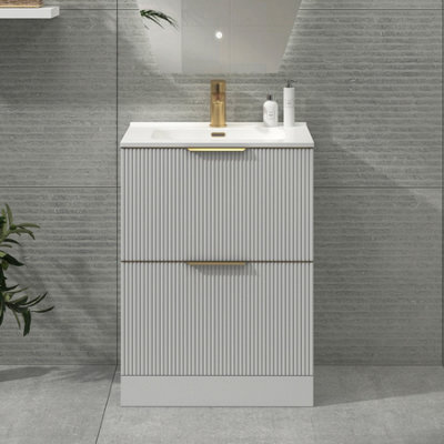 Royal Bathrooms Evora 600mm Matt White Fluted Floor Standing Bathroom Vanity Unit 2 Drawer Cabinet With Ceramic Basin & Brushed Brass Handles - image 1
