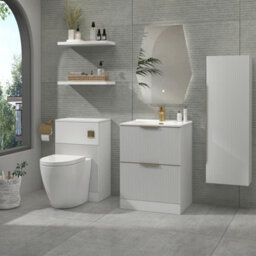 Royal Bathrooms Evora 600mm Matt White Fluted Floor Standing Bathroom Vanity Unit 2 Drawer Cabinet With Ceramic Basin & Brushed Brass Handles - thumbnail 4