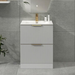 Royal Bathrooms Evora 600mm Matt White Fluted Floor Standing Bathroom Vanity Unit 2 Drawer Cabinet With Ceramic Basin & Brushed Brass Handles