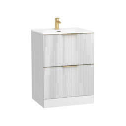 Royal Bathrooms Evora 600mm Matt White Fluted Floor Standing Bathroom Vanity Unit 2 Drawer Cabinet With Ceramic Basin & Brushed Brass Handles - thumbnail 7