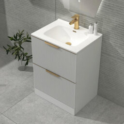 Royal Bathrooms Evora 600mm Matt White Fluted Floor Standing Bathroom Vanity Unit 2 Drawer Cabinet With Ceramic Basin & Brushed Brass Handles - thumbnail 6