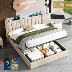 Abrihome 4Ft6 Double Storage Bed Frame With Hydraulic Storage, Led Bed Headboard With Charging Station, Beige - thumbnail 7