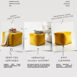 Kosi Atelier Kosiatelier Bean Bag Velvet Footstool Ottomona Cube Pouf Chair Pouffe, Polystyrene Beads Filled - Lemon, 55Cm X 55Cm X 55Cm - thumbnail 5