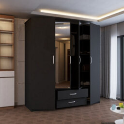 Sliding Wardrobes 4 u LTD Modern 4 Door Hinged Wardrobe - Bedroom Cabinet With 2 Mirror, Drawers And Shelves (Black, 171Cm) - thumbnail 3