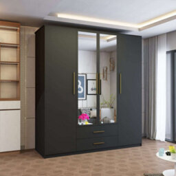 Sliding Wardrobes 4 u LTD Modern 4 Door Hinged Wardrobe - Bedroom Cabinet With 2 Mirror, Drawers And Shelves (Black, 171Cm)