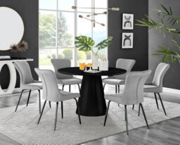 Furniturebox Uk Palma Black Semi-Gloss Round Pedestal Dining Table & 6 Light Grey Velvet Nora Black Leg Chairs - thumbnail 1