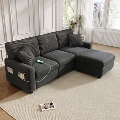 Btm Modern 3 To Seater Sofa With Footstool, 2 Cushions, Usb And Type To C Charging Ports, 223X84X146Cm, Black - image 1