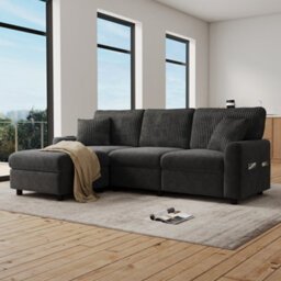 Btm Modern 3 To Seater Sofa With Footstool, 2 Cushions, Usb And Type To C Charging Ports, 223X84X146Cm, Black - thumbnail 5