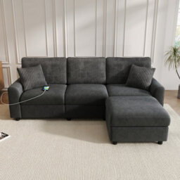 Btm Modern 3 To Seater Sofa With Footstool, 2 Cushions, Usb And Type To C Charging Ports, 223X84X146Cm, Black - thumbnail 6