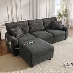 Btm Modern 3 To Seater Sofa With Footstool, 2 Cushions, Usb And Type To C Charging Ports, 223X84X146Cm, Black - thumbnail 7