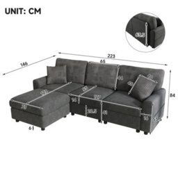 Btm Modern 3 To Seater Sofa With Footstool, 2 Cushions, Usb And Type To C Charging Ports, 223X84X146Cm, Black - thumbnail 2