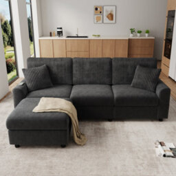 Btm Modern 3 To Seater Sofa With Footstool, 2 Cushions, Usb And Type To C Charging Ports, 223X84X146Cm, Black - thumbnail 3