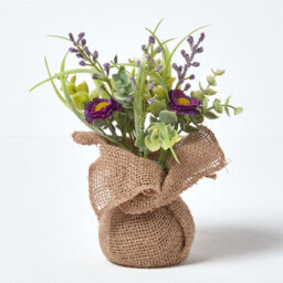 Homescapes Set Of 3 Artificial Pink, Purple & Yellow Handcrafted Daisies In Rustic Burlap Pots, 20 X 15 Cm - thumbnail 3