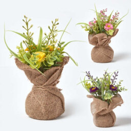 Homescapes Set Of 3 Artificial Pink, Purple & Yellow Handcrafted Daisies In Rustic Burlap Pots, 20 X 15 Cm - thumbnail 1