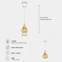 Luminosa Lighting Luminosa Lacrima Dome Pendant Ceiling Light White, Gold Amber Glass Shade 1X E27 - thumbnail 4