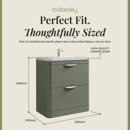 Balterley Aldershawe Contemporary Floor Standing 2 Drawer Bathroom Vanity Unit & Ceramic Basin, Satin Green, 810mm - thumbnail 5