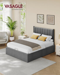 Vasagle Double Bed Frame, 135 X 190 Cm, Ottoman Bed With Lift-Up Storage, Hydraulic Lift, Modern Minimalist, Slate Grey