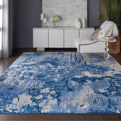 Blue Funky Luxurious Modern Easy To Clean Abstract Viscose Wool Rug For Living Room, Bedroom - 168Cm X 244Cm