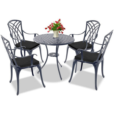 Homeology Oshowa Garden And Patio Table And 4 Large Chairs Bistro Set - Grey With Black Cushions - image 1