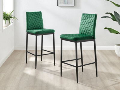 Furniturebox Set Of 2 Milan Green Diamond-Stiched Soft Touch Velvet Black Leg Padded Counter Stools - image 1