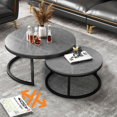 Fativo 80&60Cm Double Nested Industrial Sintered Stone Marble Round Coffee Table Sofa Center Table Living Room - image 1