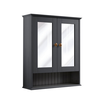 Homestylestore 650 X 750mm Black Grey Wall Mounted Mirrored Door Bathroom Cabinet And Brushed Copper Round Handles - image 1