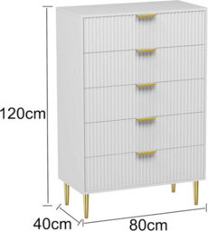 Xample Wooden Chic Fluted Kitchen Bed Living Room Chest Of 5 Drawers With Gold Handles Dresser Console Table Or Bedroom Hallway Storage - thumbnail 7