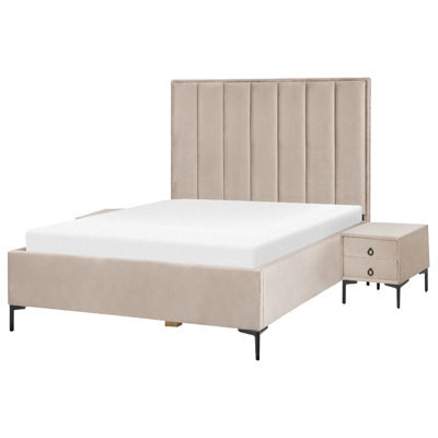 Beliani Bedroom Set Velvet Sezanne 140 X 200 Cm (Eu Double) Taupe - image 1