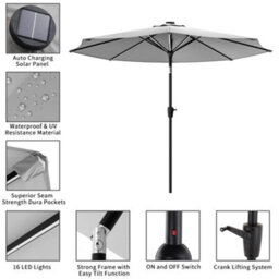 Living And Home 3M Large Garden Solar Led Lights Parasol Outdoor Patio Umbrella Sun Shade Crank Tilt No Base, Light Grey - thumbnail 4