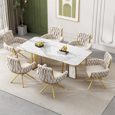Abrihome Set Of 6, Velvet Dining Chair, Armchair, Leisure Swivel Chair With Four Metal Support Legs, Beige - image 1