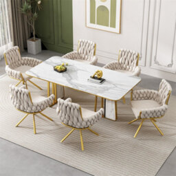 Abrihome Set Of 6, Velvet Dining Chair, Armchair, Leisure Swivel Chair With Four Metal Support Legs, Beige - thumbnail 1