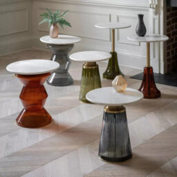 Xample Gallery Bilbao Orange Side Table White Marble Top Glass Base Metal Stem Retro Modern Living Room Accent Table - thumbnail 6