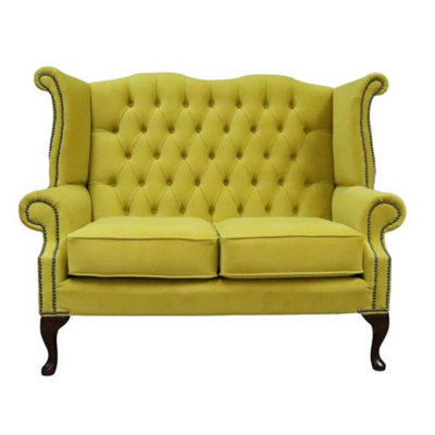 Chesterfield 2 Seater High Back Sofa Amalfi Buttercup Yellow Velvet Fabric In Queen Anne Style - image 1