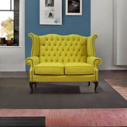 Chesterfield 2 Seater High Back Sofa Amalfi Buttercup Yellow Velvet Fabric In Queen Anne Style - thumbnail 5