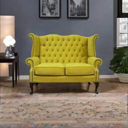 Chesterfield 2 Seater High Back Sofa Amalfi Buttercup Yellow Velvet Fabric In Queen Anne Style - thumbnail 4