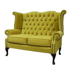 Chesterfield 2 Seater High Back Sofa Amalfi Buttercup Yellow Velvet Fabric In Queen Anne Style - thumbnail 3