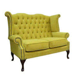 Chesterfield 2 Seater High Back Sofa Amalfi Buttercup Yellow Velvet Fabric In Queen Anne Style - thumbnail 2