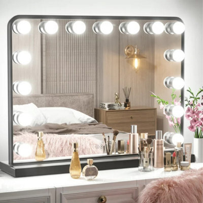 Living And Home Black Hollywood Makeup Vanity Mirror With 15 Dimmable Led Bulbs, 3 Color Lighting, Touch Control 50Cm (W) X 40Cm (H) - image 1