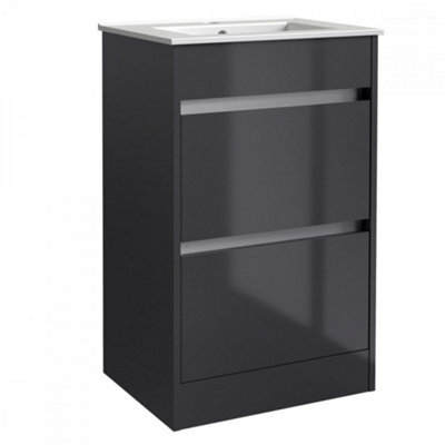 Clifton Bathroom 2-Drawer Floor Standing Vanity Unit With Basin 500mm Wide - Storm Grey Gloss (Urban) - Brassware Not Included - image 1