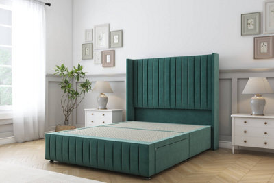 "Sloomy Marlborough Emerald Plush Divan Bed Base No Drawers-54"" Wingback Headboard & 12"" Footboard 4'6 Double" - image 1