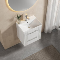 Balterley Belvide Partial Fluted 2 Drawer Wall Hung Vanity Unit With 1 Tap Hole Thin-Edge Basin- 500mm - Satin White - thumbnail 5